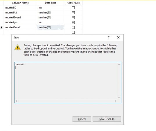 Sql Server 2019 Management Studio Saving changes is not permitted